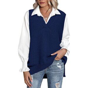 Women Navy Blue Sweater Vest Sleeveless V Neck Oversized Knitted Pullover Fall
